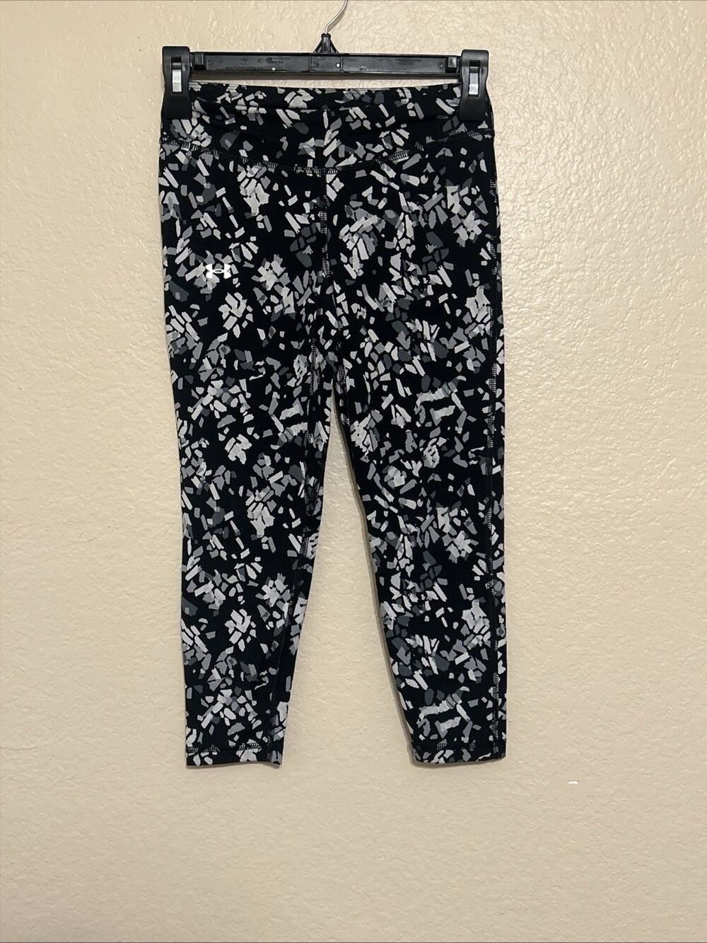 Girls Under Armour Motion Printed Leggings Capri Black White Gray YMD 10/12